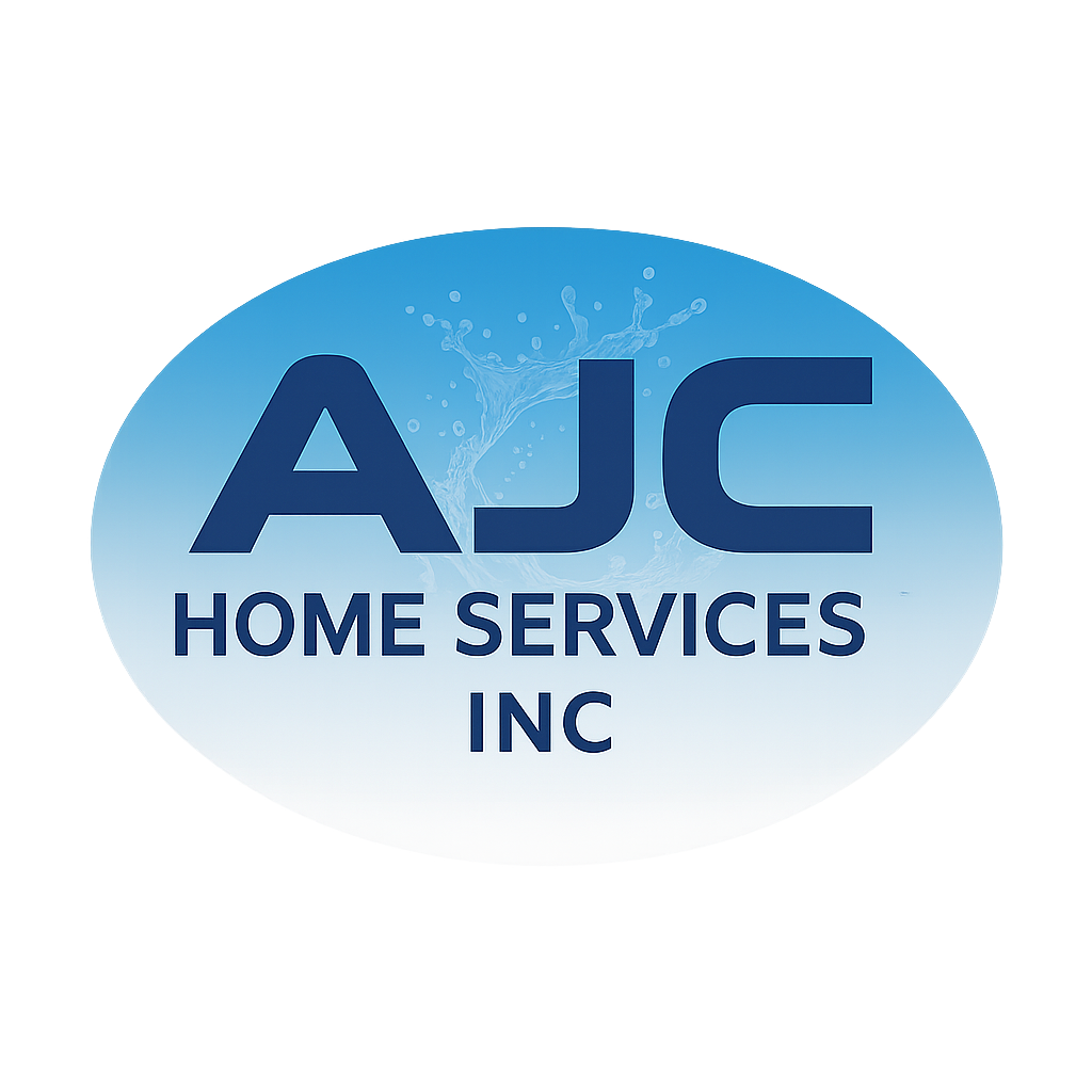 AJC Home Services Inc logo with water splash on blue background