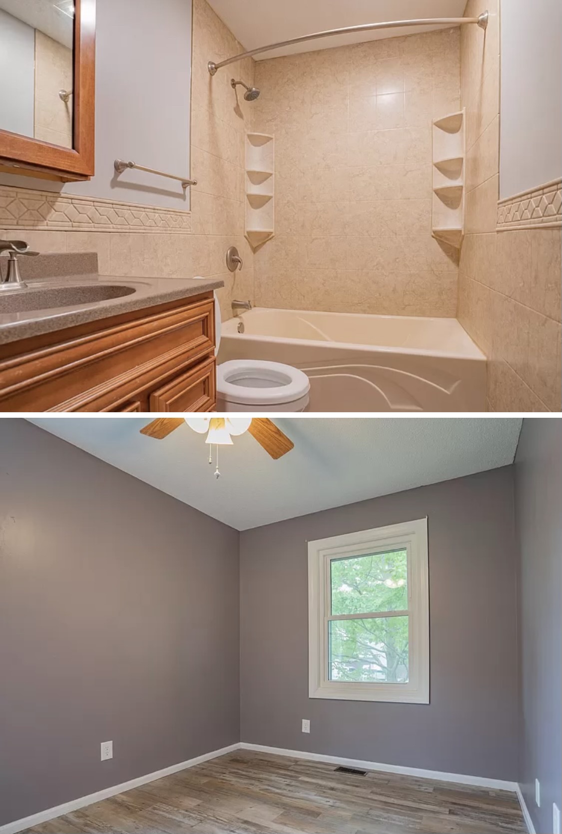 Newly renovated bathroom with beige tiles and wooden vanity